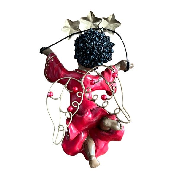 Black African American Angel Ornament Red Gown Gold Stars and Wings - Picture 2 of 4